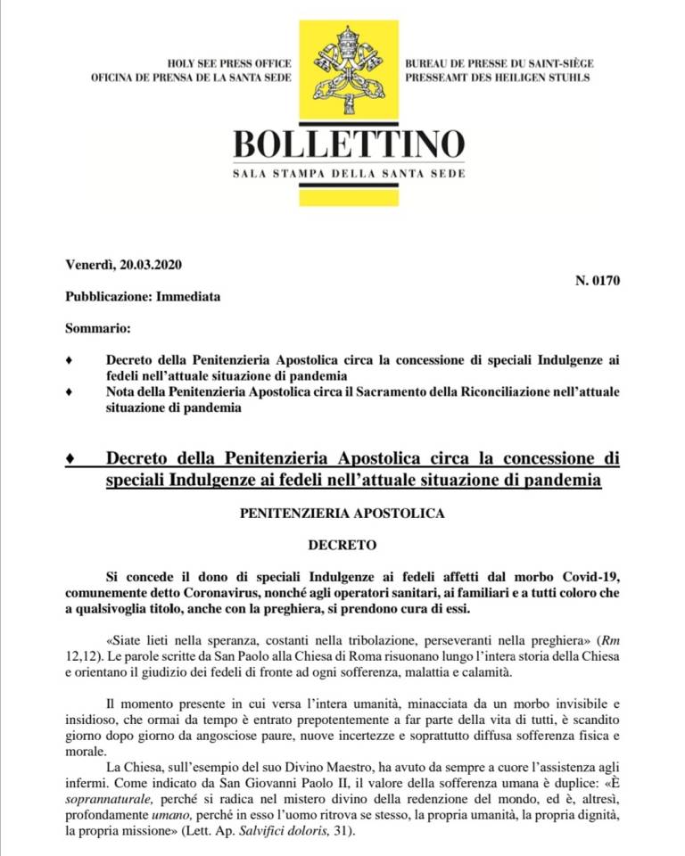 Decreto de la penitenciaria apostólica con indulgencia plenaria a los enfermos del covid19 y familiares